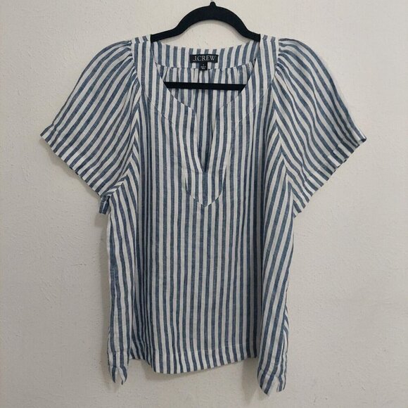 J Crew Flutter-Sleeve Linen Top Womens Sz S Navy Blue White Stripe V-Neck Beach - Picture 2 of 13